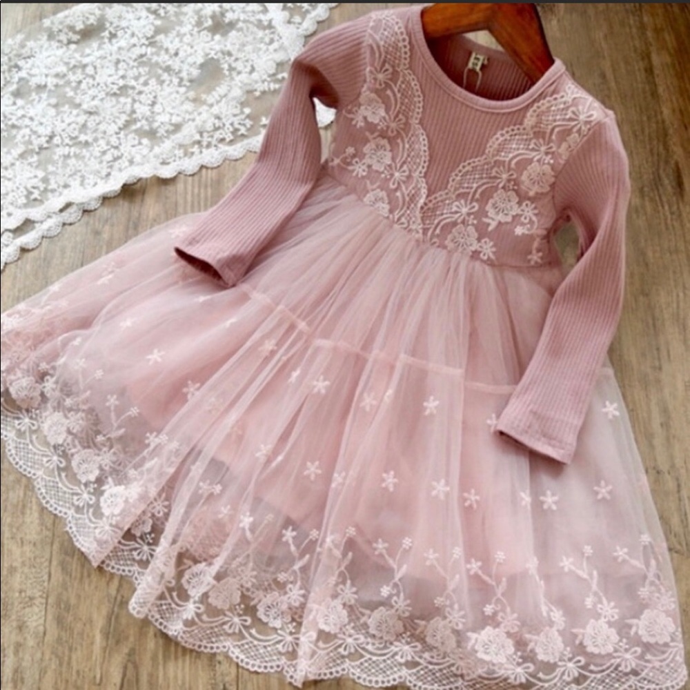 💗 Vintage Soft Pink Lace Princess Tulle Dress